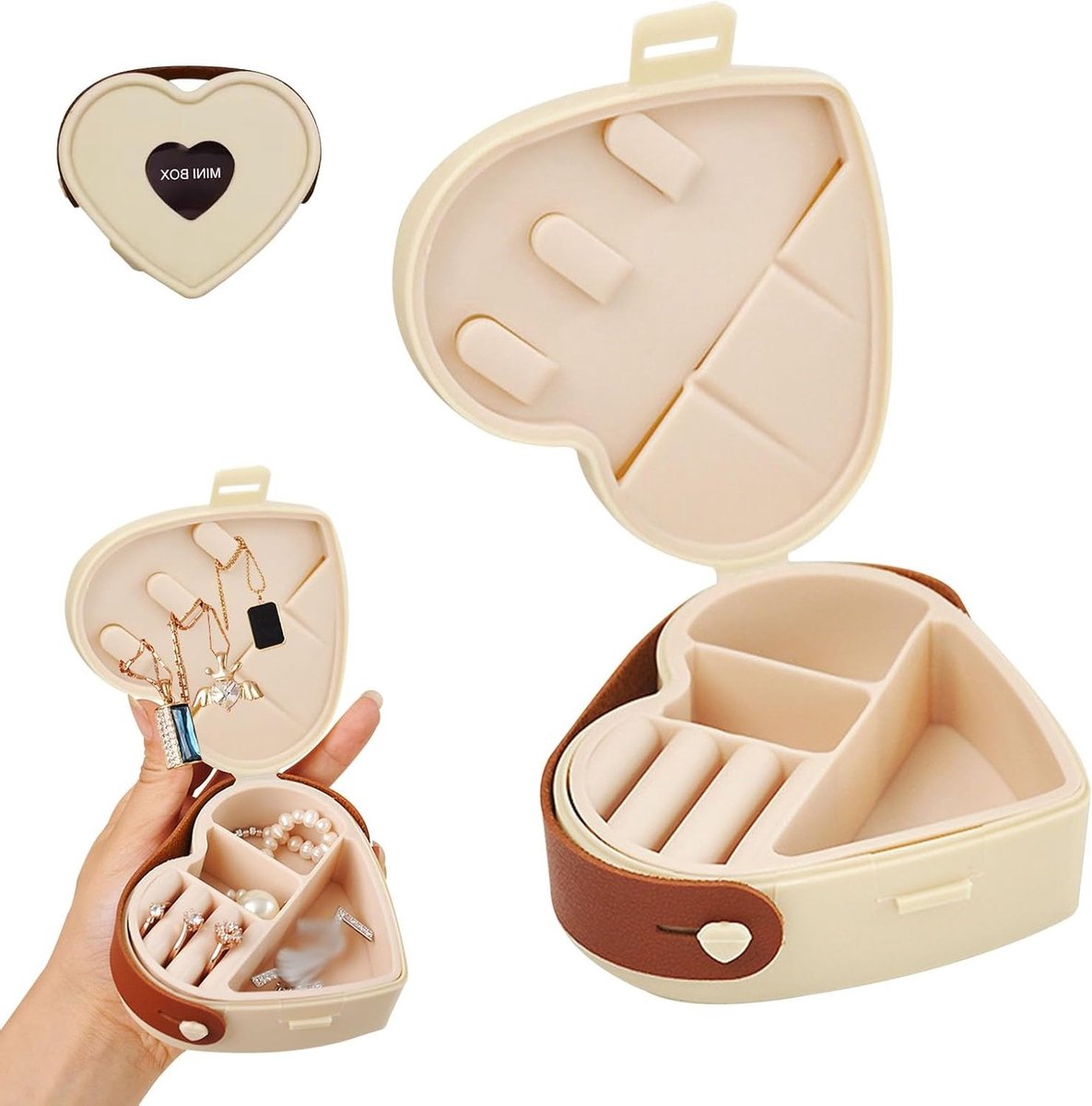 Kleine Hartvormige Sieradenbox voor Vrouwen - Opbergdoos voor Oorbellen, Kettingen en Ringen - Perfect voor Reizen en Organisatie in Beige