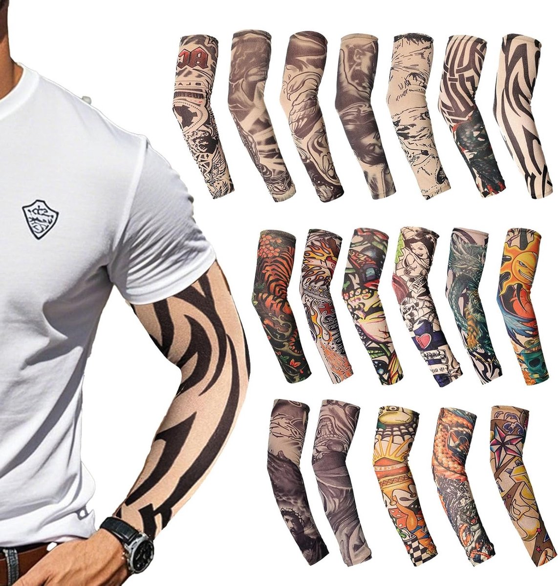 18-delige set tijdelijke tattoo mouwen voor arm, unisex design, ideaal voor festivals, kostuums en feesten, multicolor en één maat