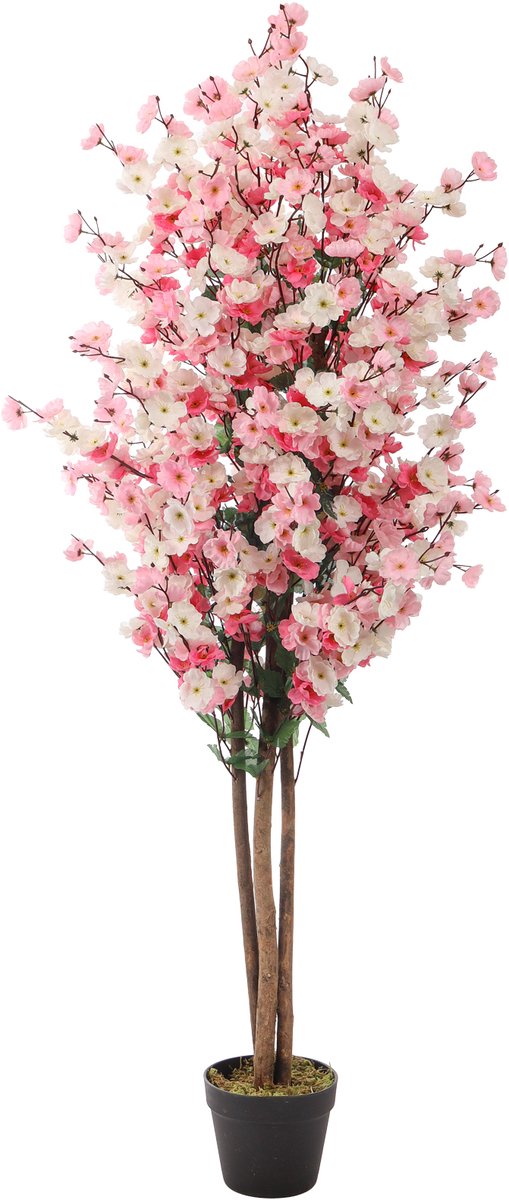 Kunstpalm Kunst Kersenbloesemboom | Roze/wit – 150 cm - Kunst Bloesemboom – Extra Vol – Sfeervolle Nep Kunstplant bloesem Donkerroze