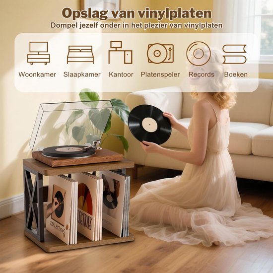 SNJY® Platenspeler Meubel - Platenspeler Kast - LP Houder - Platenhouder - 32D x 40B x 36H cm - Bruin/Zwart — afbeelding 4
