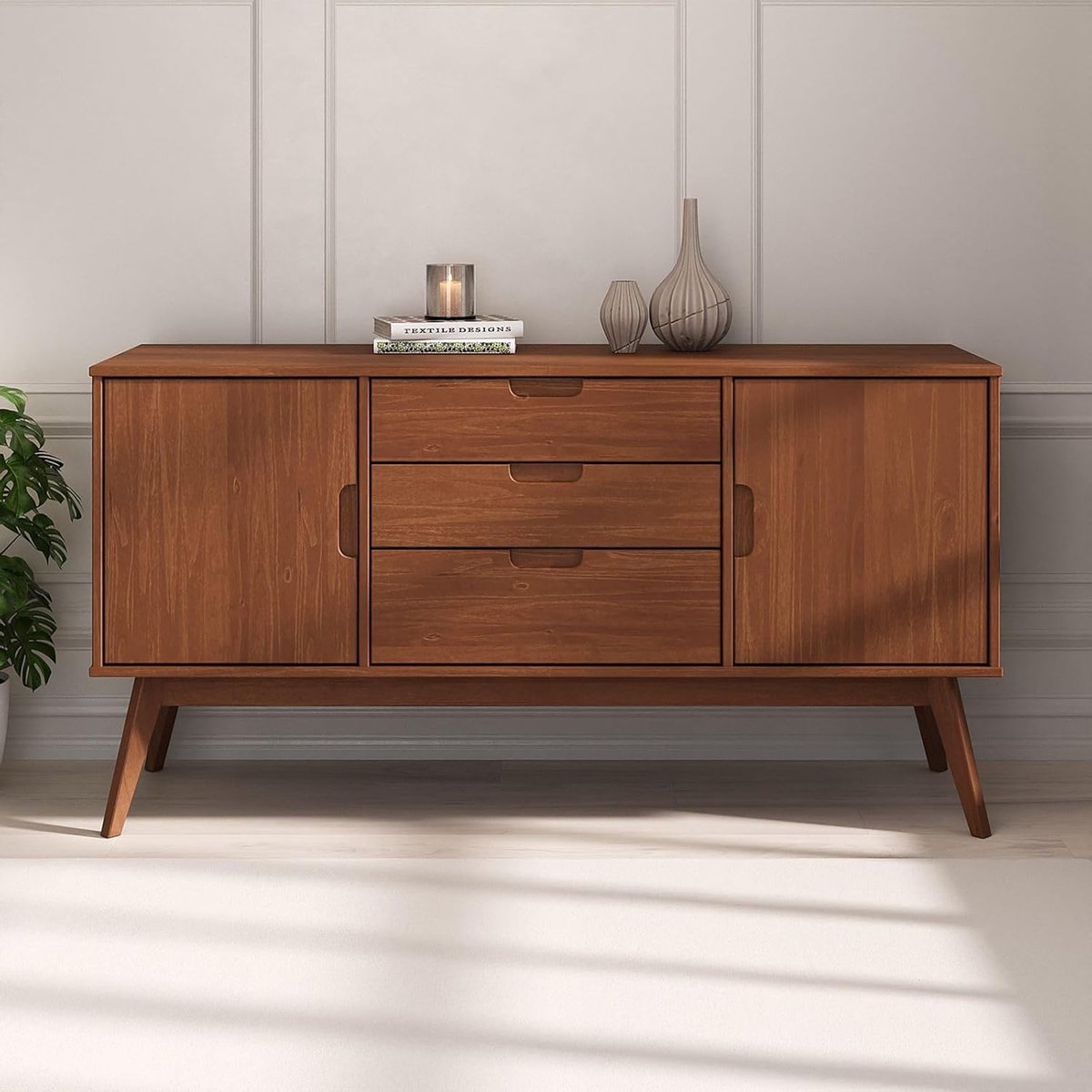 Dressoir houten opbergkast Scandinavische stijl 145x45x75 cm met 3 laden en 2 deuren massief grenen vintage commode donkerbruin | Dader