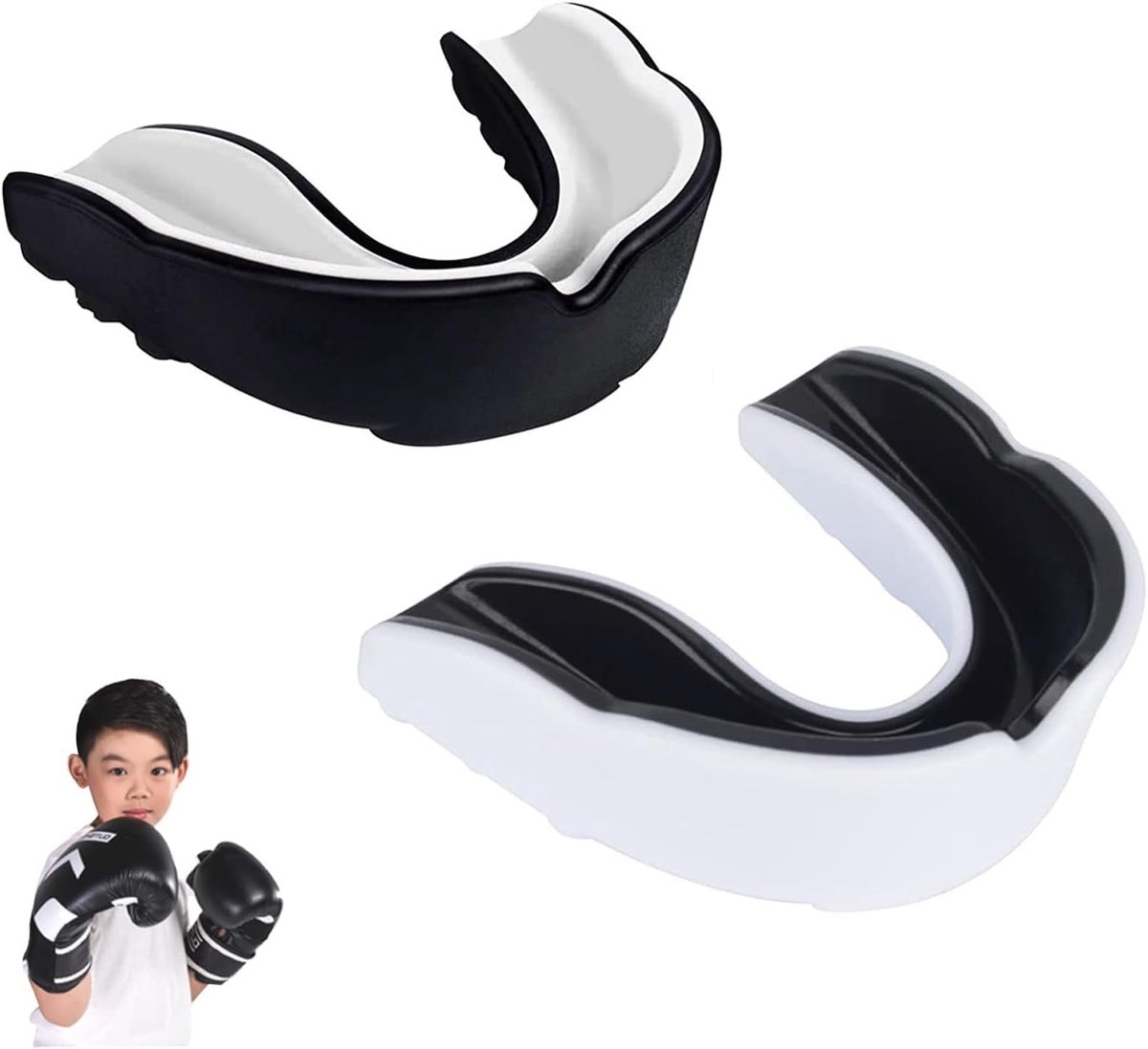Sport Mondbeschermer voor Kinderen, Tandbescherming voor Boksen en MMA, Beschermt Tanden en Kiezen, Ideaal voor Vechtsporten, Zwart en Wit, Set van 2