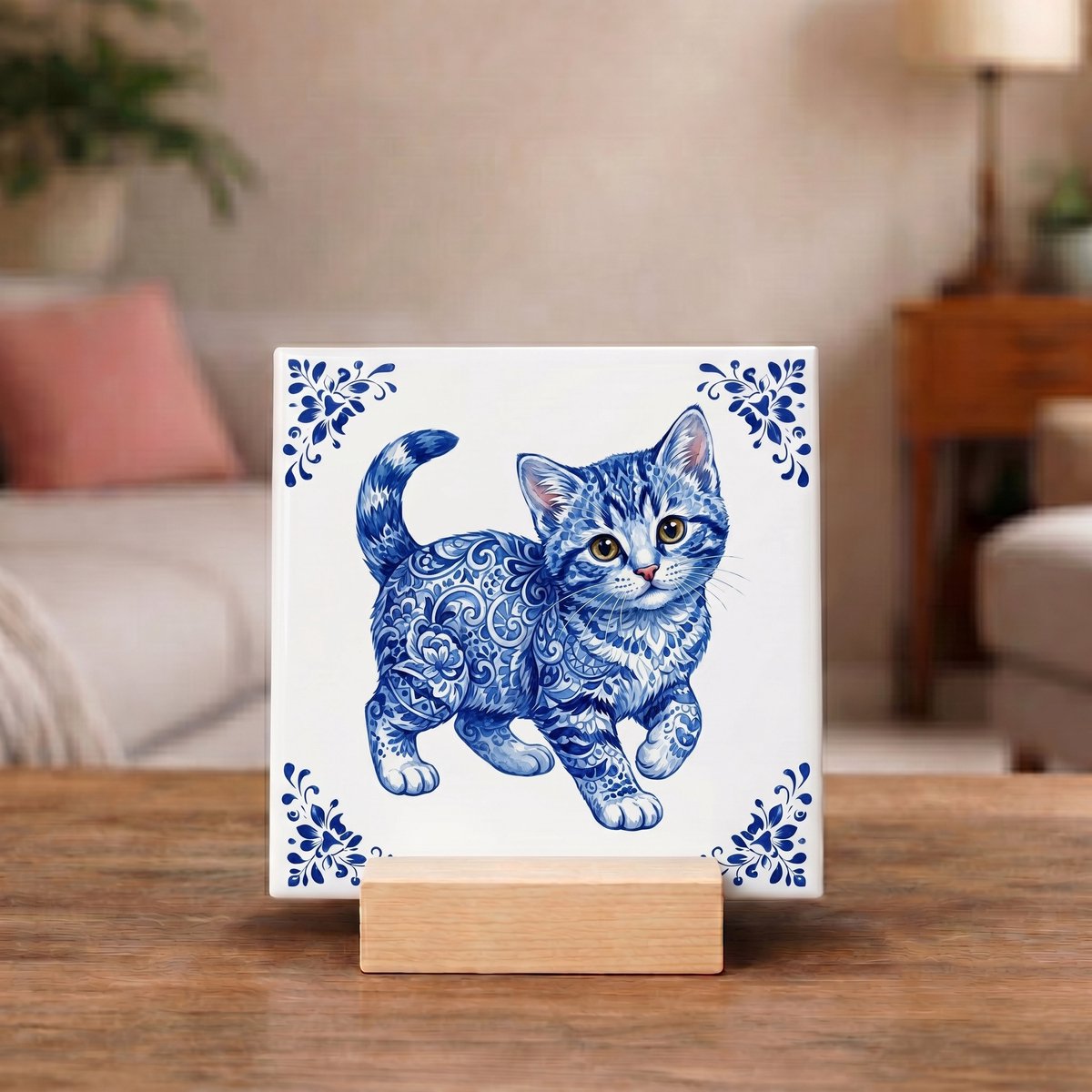 Bedruk King Delftsblauw Tegeltje 11x11 Kat – Cadeau voor Kattenliefhebber Kitten