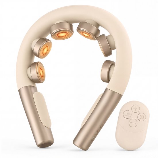 Wit met gouden nek massager met 6 massagekoppen en een afstandsbediening.