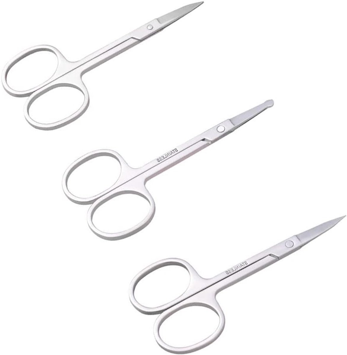Set van 3 kleine scharen voor wenkbrauwen, neushaar en baardverzorging voor mannen en vrouwen, zilverkleurig en scherp