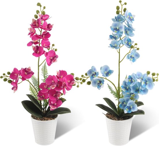 Realistische kunstorchideeën in roze en blauw - Perfecte kunstbloemen voor binnen, tafeldecoratie en bruiloftsdecoratie, set van 2 stuks