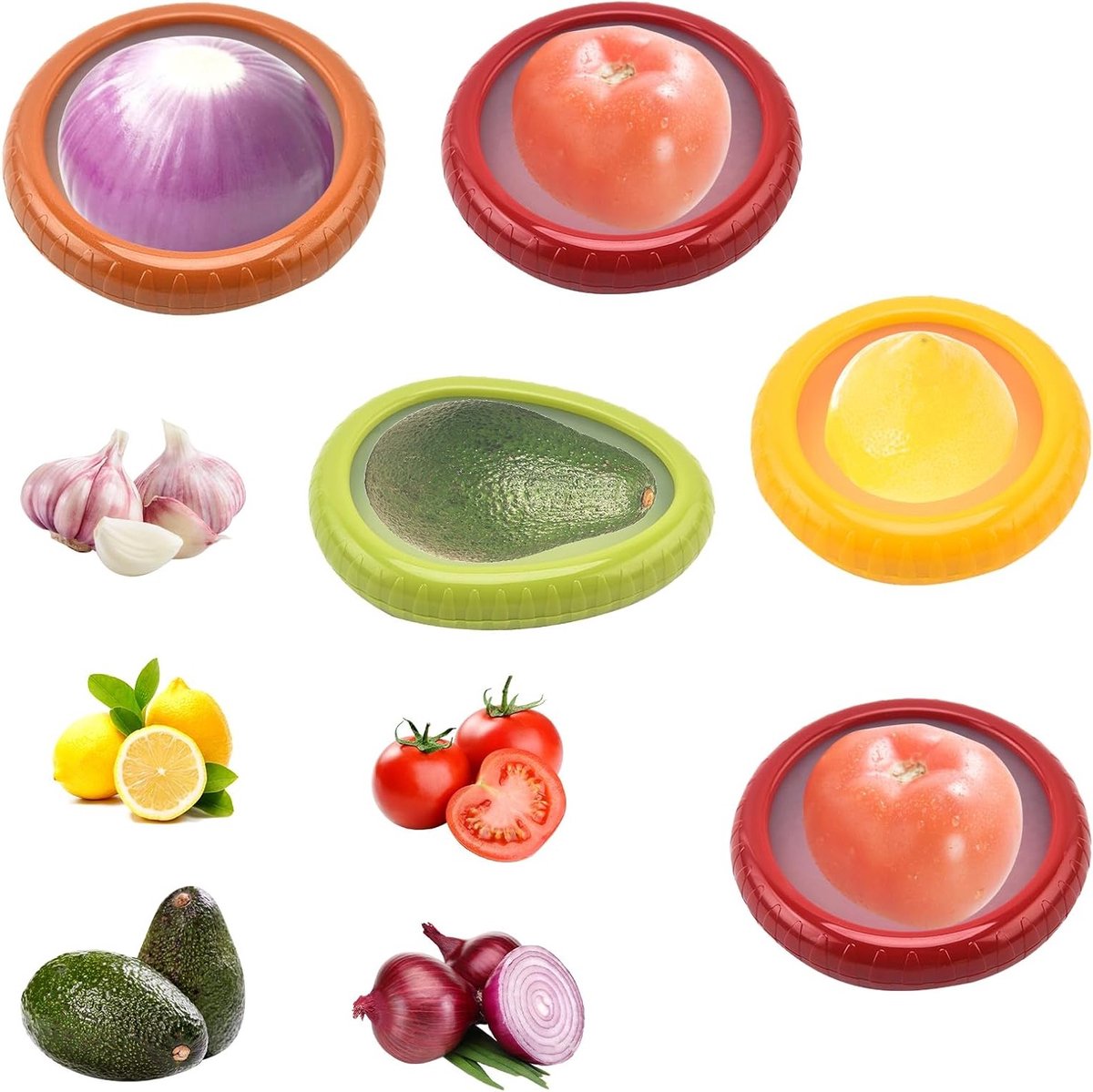 Fruit- en Groentebewaarcontainers van Silicoon - 5 Stuks, Herbruikbaar voor Avocado's, Uien en Tomaten, Ideaal voor Koelkastopslag