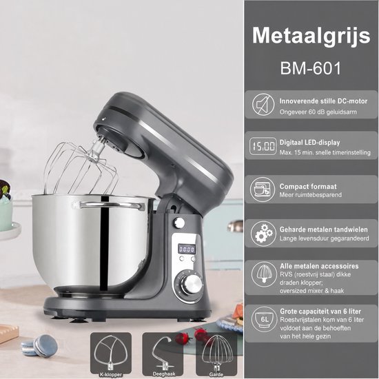 Novari Keukenmixer - Keukenmachine - Keukenrobot - Deegkneder - 1200W motor - 6 snelheden - Stille werking - 6 liter kom - Grijs van Merkloos — afbeelding 5
