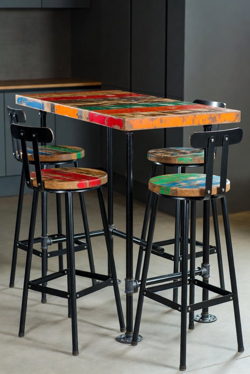 Industriële 5-delige Bartafelset – Meerkleurige Keukenbarset van Gerecycled Massief Hout – Vintage Retro Bartafel met 4 Stoelen – Unieke Handgemaakte Eetkamer & Keuken SetGaneey