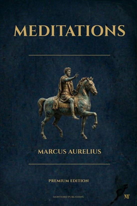 Boekomslag van 'Meditations' door Marcus Aurelius, met een gravure van een ruiter op een paard. Donkerblauwe achtergrond.