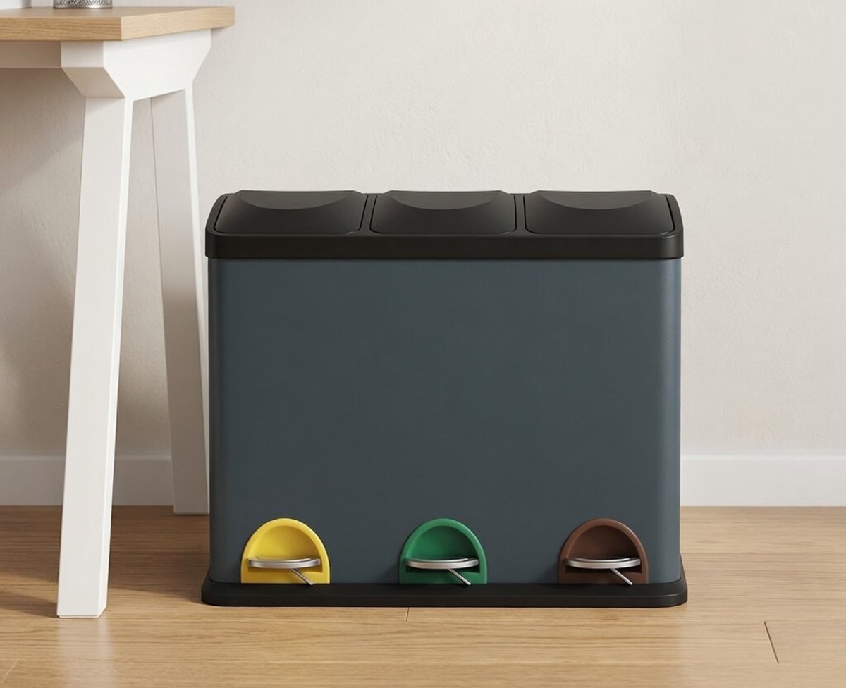 45L Keuken Pedaalemmer met 3 Vakken – 3x15L Recycling Prullenbak RVS – Afvalscheiding Systeem met Pedaal, Geurvrij Deksel en Uitneembare Binnenemmers – Groen/Grijs Ganeey