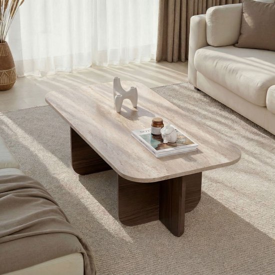 Asir - Salontafel - Travertijn, walnoot - 100% met melamine gecoat spaanplaat - 125 x 65 x 9 cm