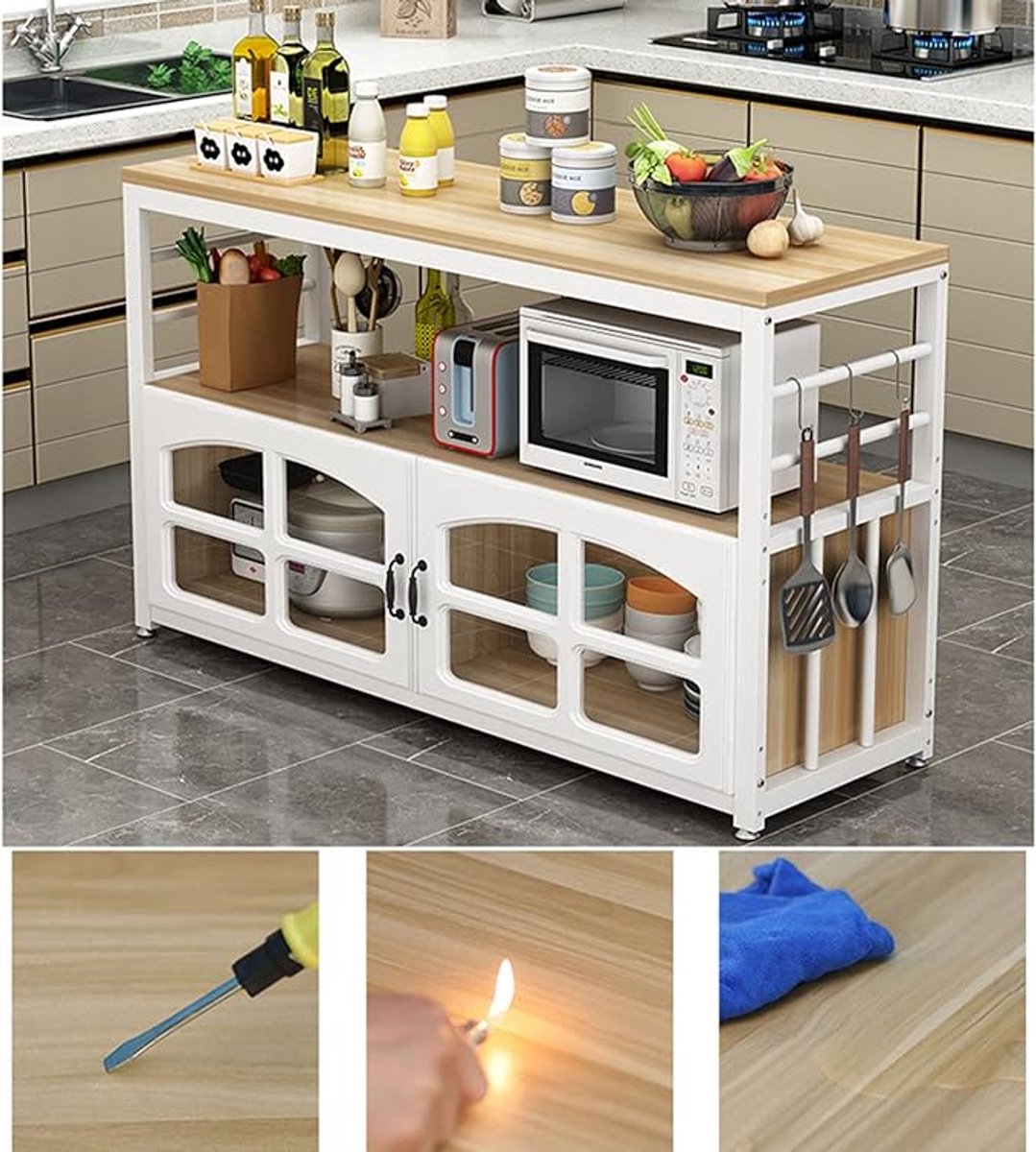 Keukenrek met Magnetronhouder 100 cm (60 cm breed) – Verstelbare Industriële Keuken Organizer met Houten Planken, Metalen Frame, Haken & Extra Opbergruimte