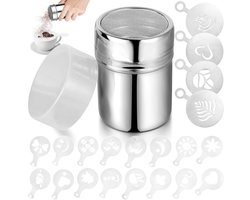 Cappuccino Kakaostreuer met 4 RVS Stencils en 16 Koffiestencils voor Chocolade Decoratie en Koffie Accessoires
