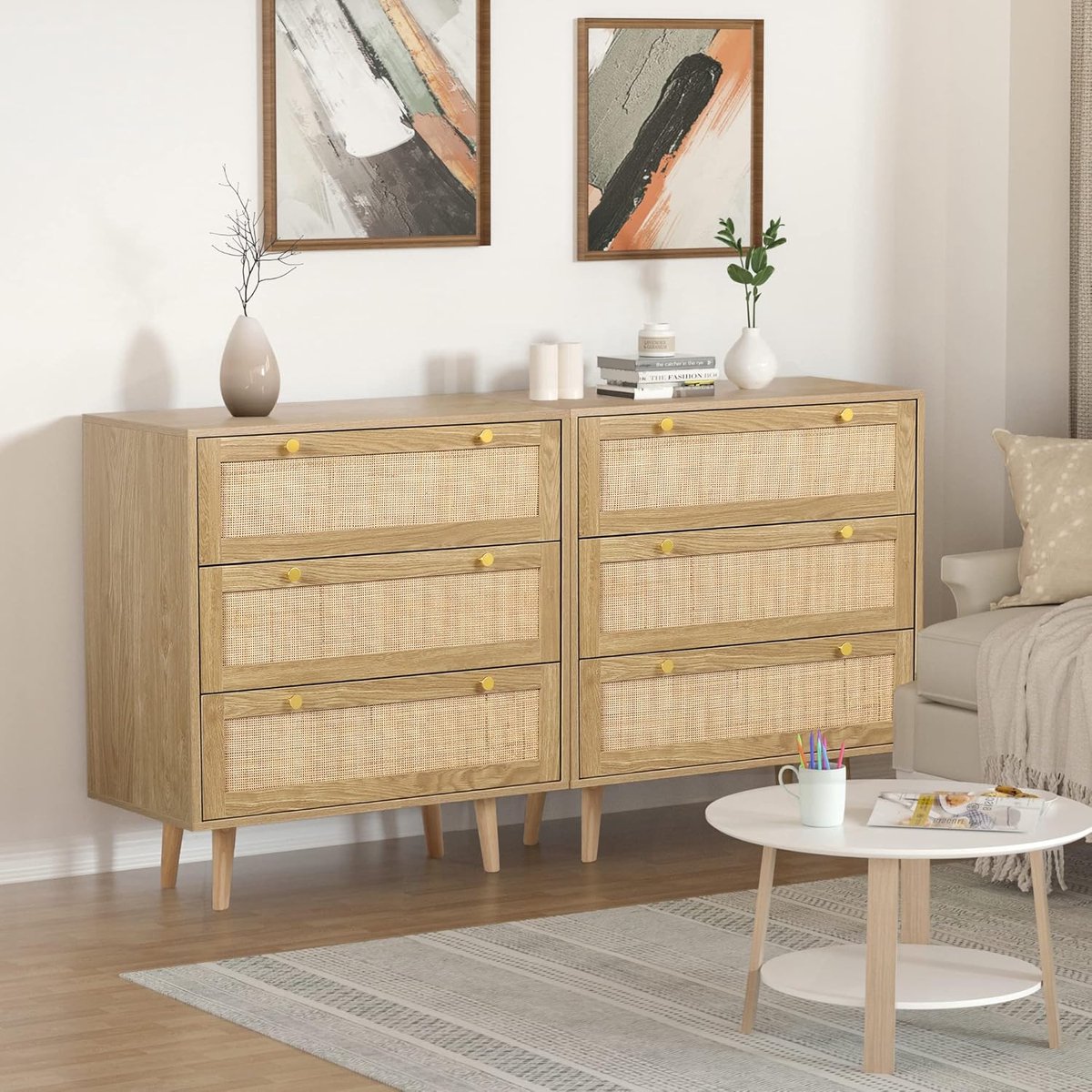 Commode 80x40x73 cm – Rotan Ladekast met 3 Lades – Eiken Houten Dressoir voor Slaapkamer, Woonkamer en Hal – Boho Japandi Stijl – Dader