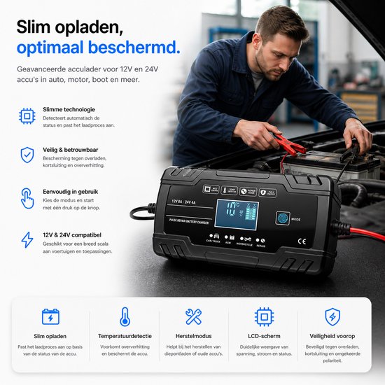 Sounix Acculader - 12/24V - 8A/4A - 96W - Accu Lader voor Auto / Motor / Scooter / Boot / Camper - Zwart