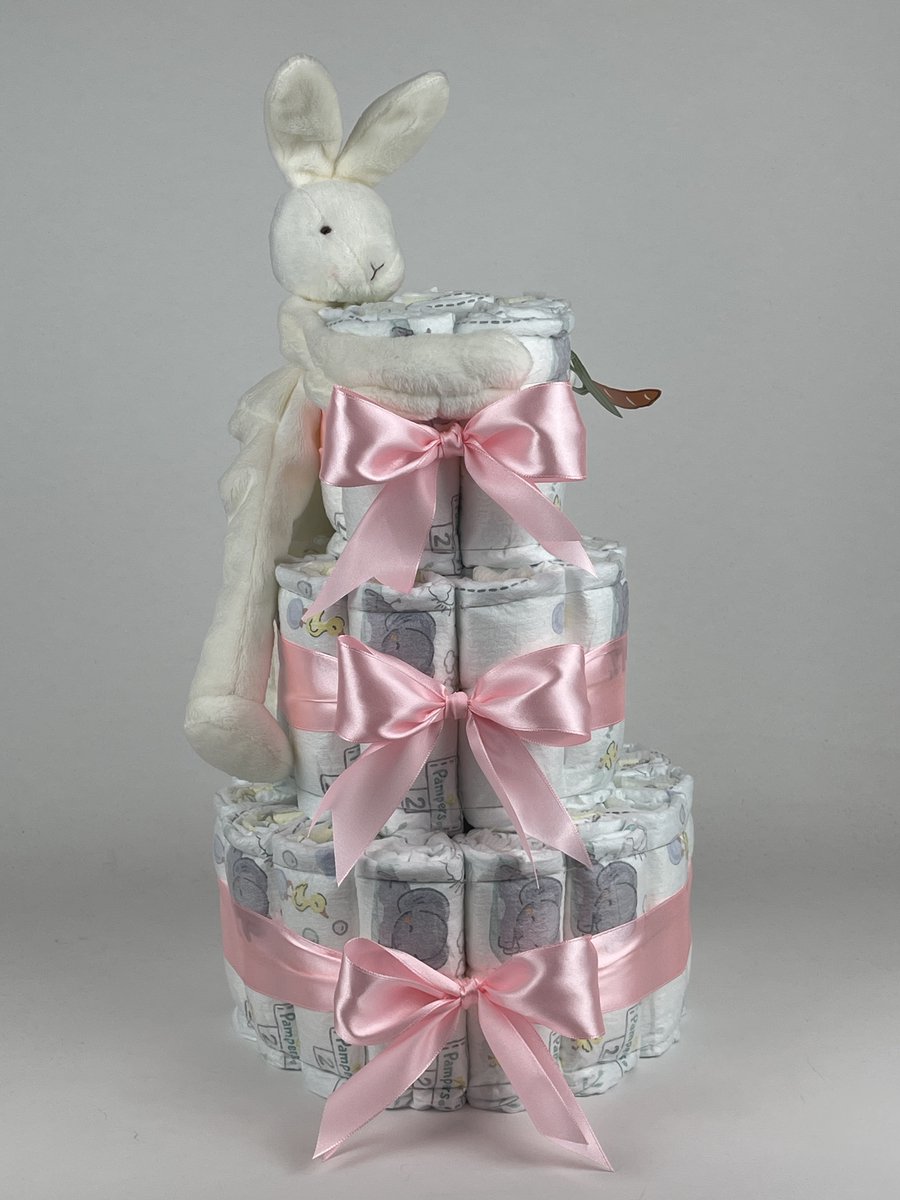 Chouette-Chouette | Luiertaart Meisje | Kraamcadeau | Geboorte Meisje | Babyshower | Bunnies By The Bay Speenknuffel Konijn Wit - Roze