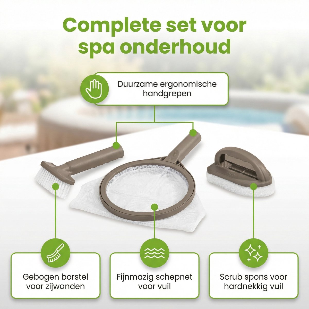 Zwembad Onderhoudspakket - Onderhoud Zwembad - bevat Scrubpad - Schepnet - Borstel - Chloordrijver - Testrips en Filters (4-delig) – foto 2