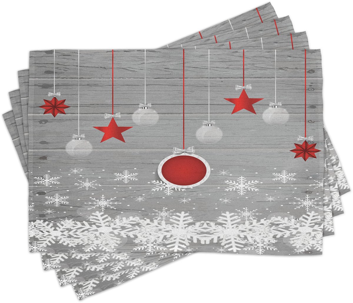 ABAKUHAUS kerstplacemats, sterballen sneeuw, wasbare stof eetkamerkeukentafeldecoratie digitale print, grijs wit-rood