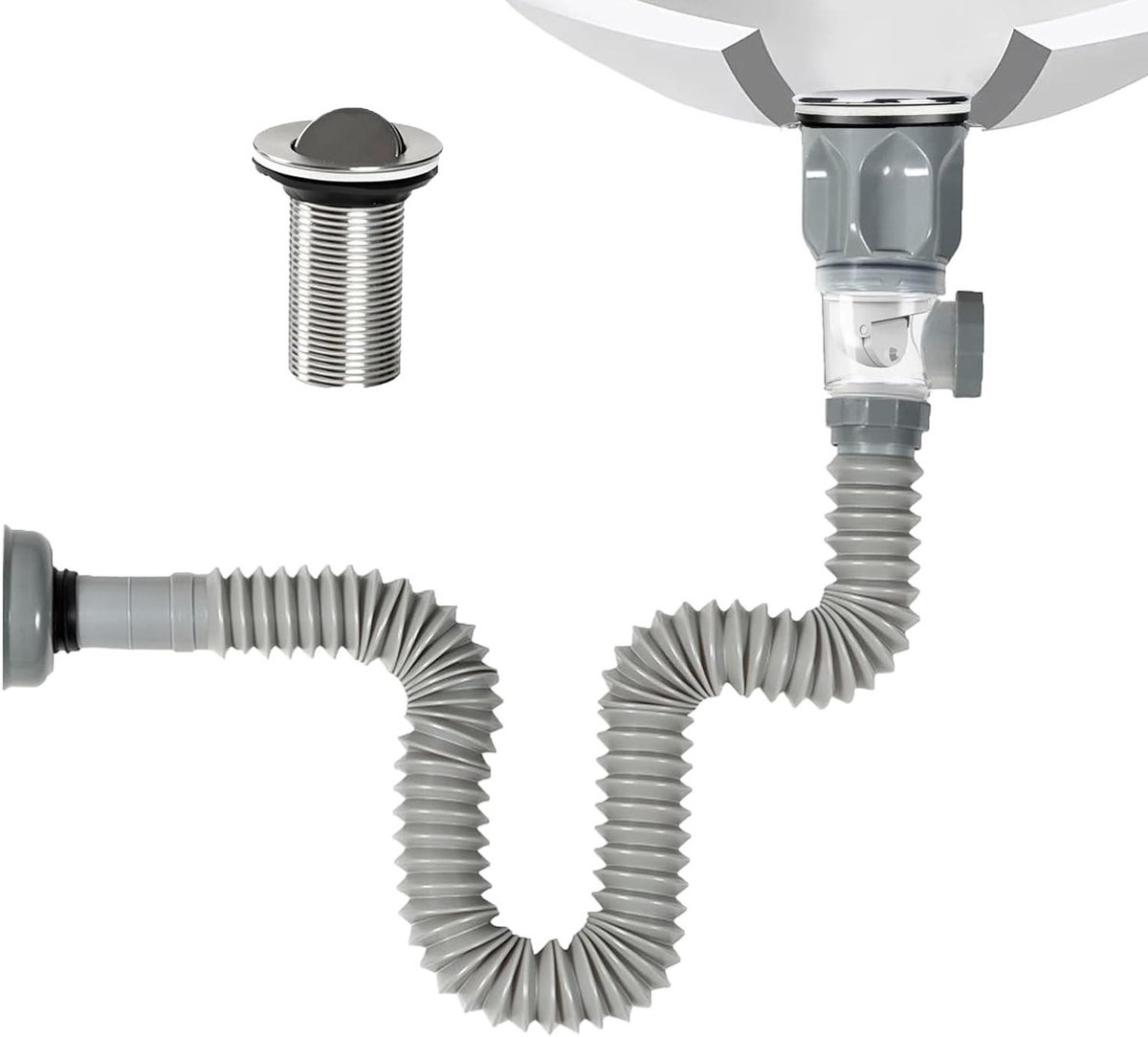 Sifonafvoer Set 1-1/2 Inch met Flexibele Afvoerslang voor Keuken en Badkamer, 300-1000mm, Grijs, Inclusief Afvoerbuizen en Fittingen