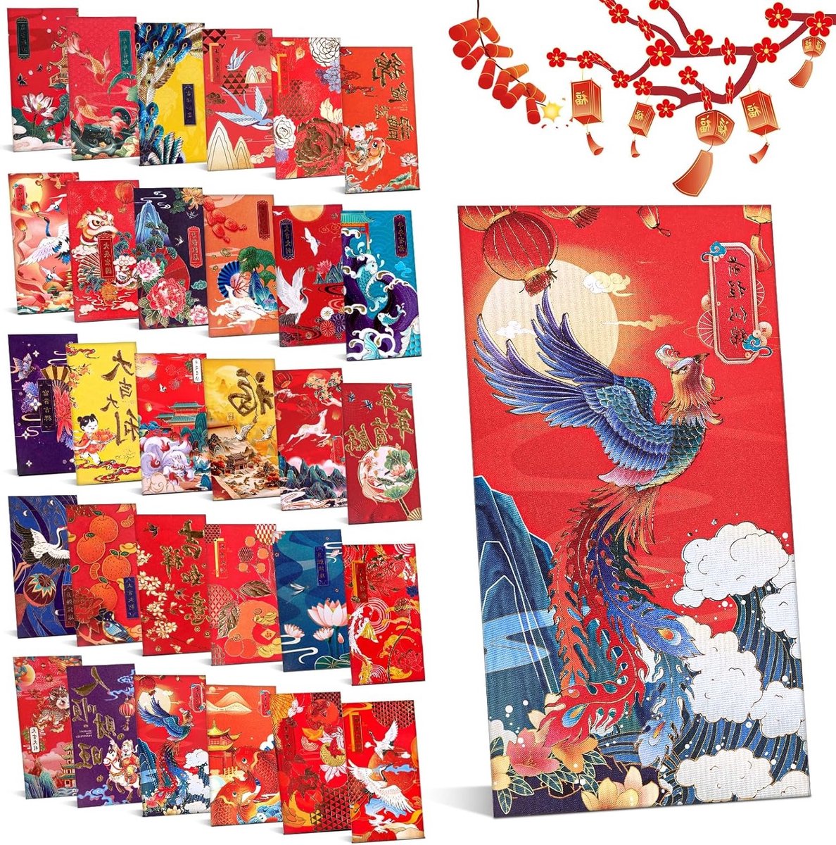 Traditionele Rode Enveloppen voor Chinees Nieuwjaar - Geluks Hong Bao met Bronzing Design voor Feestdagen, Verjaardagen en Huwelijken (60 Stuks)