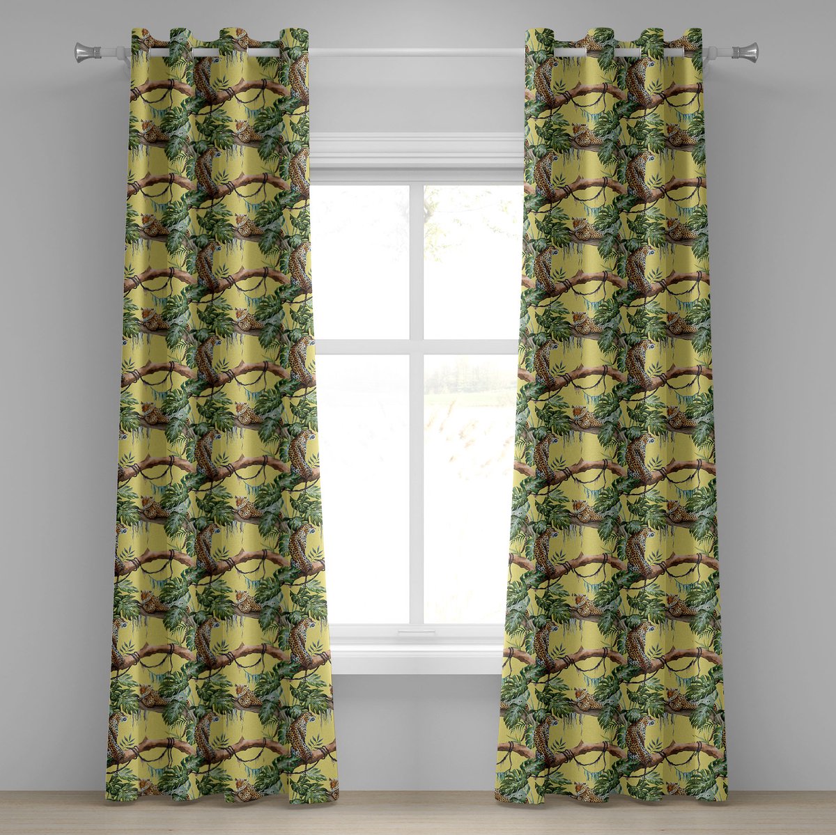 ABAKUHAUS Aquarel Gordijn met ringen, Luipaarden in Jungle, Decoratieve 2-delige raamgordijnset voor slaapkamer en woonkamer, 280 cm x 225 cm, Geel Groen Lichtgeel