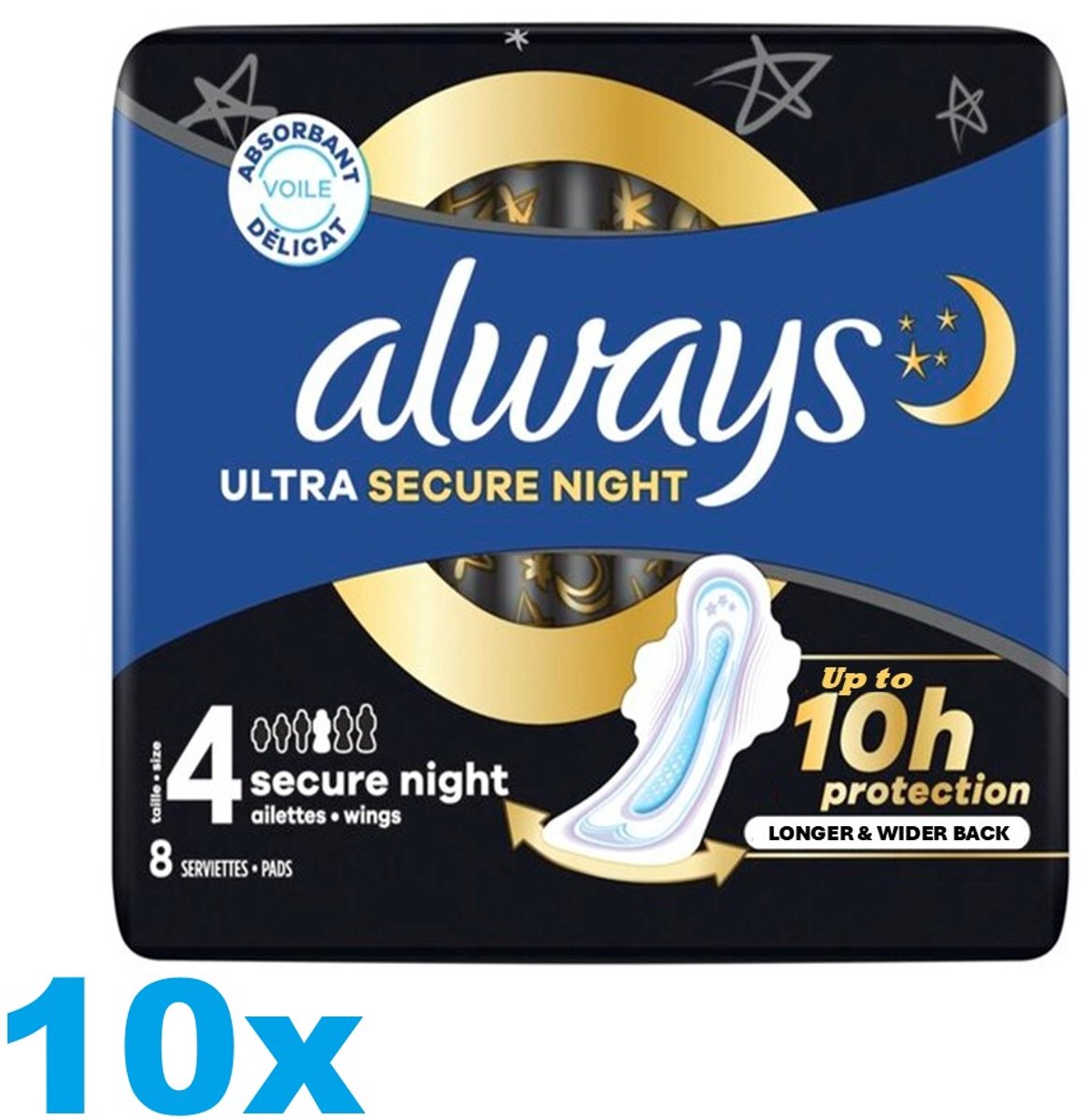 Always Ultra Secure Night Maandverband – Maat 4 – Met Vleugels – 10 x 8 Stuks – Tot 10u Bescherming