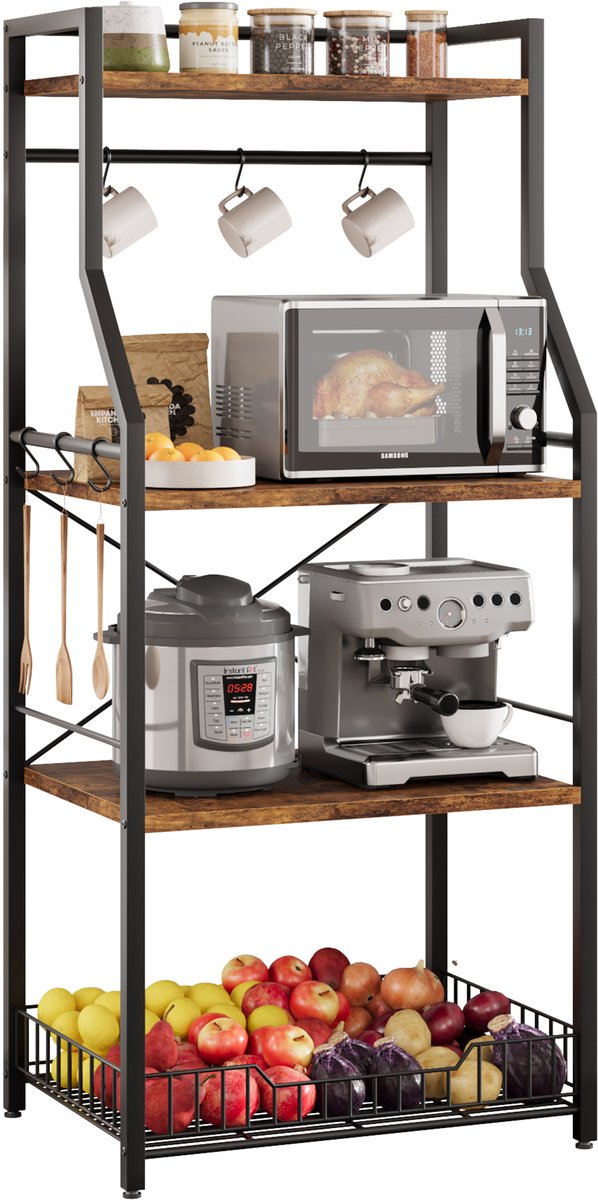 Velmio Keukenkast - Koffie Corner - Magnetronkast - 4 Laags - Incl Haken & Planken - 40 x 60 x 128 cm - Zwart/Bruin
