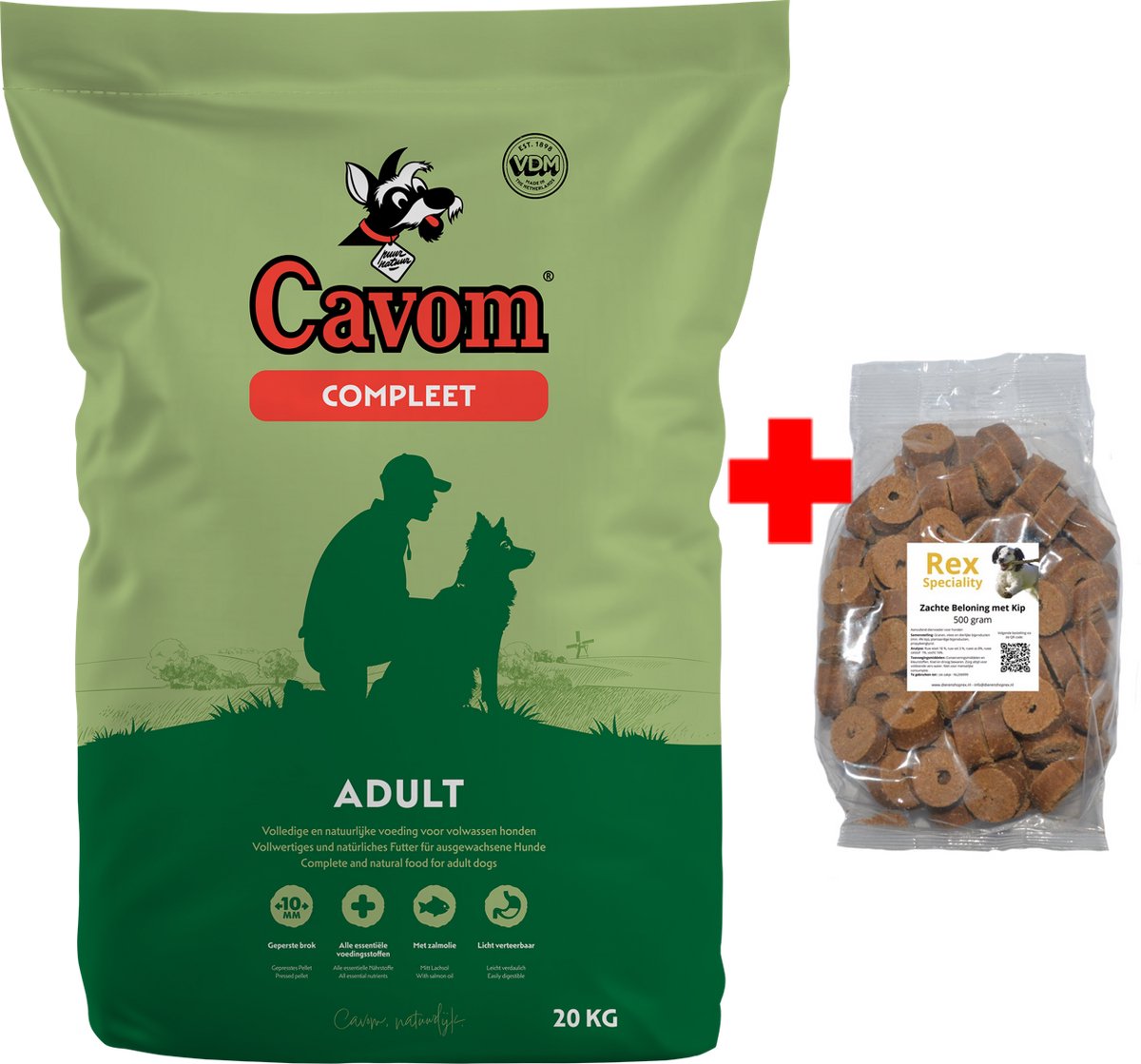 Cavom compleet Adult - geperste brokken - 20kg + Rex zachte beloning kip