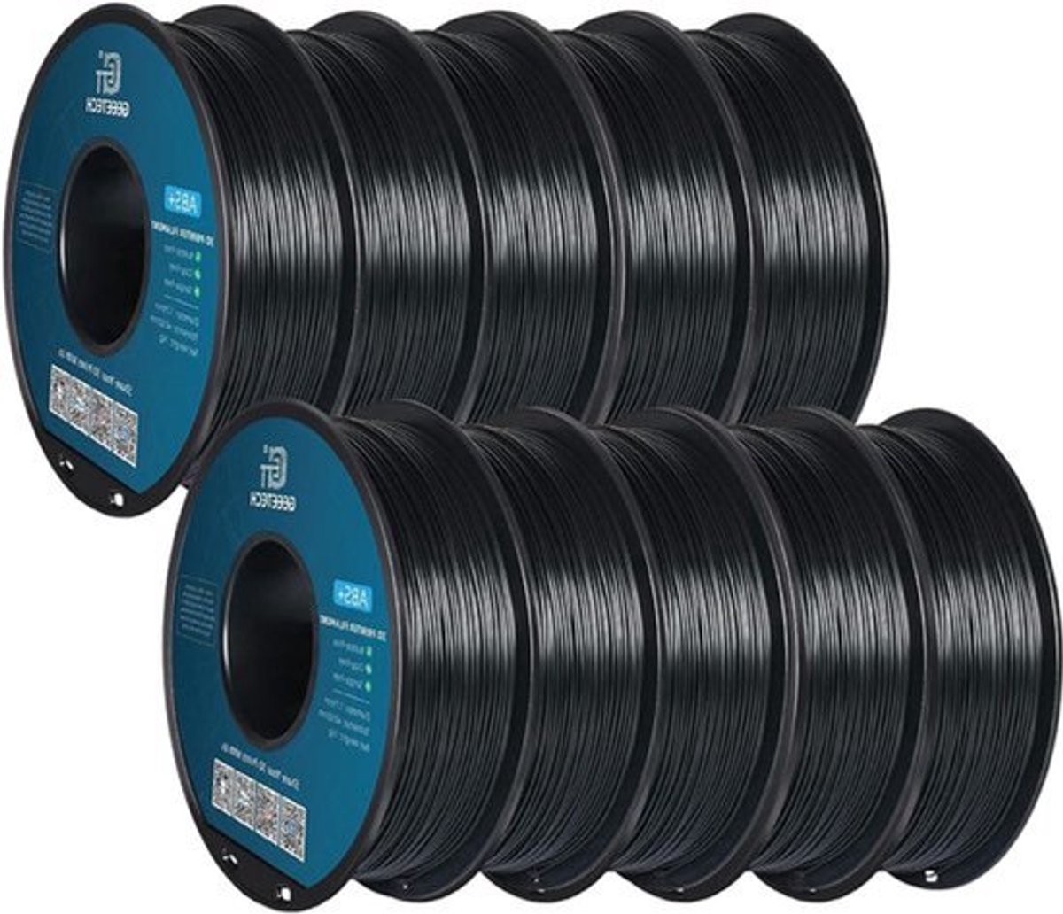 ABS filament zwart – 3D printer filament – 3D print draad – 3D printmateriaal – Kunststof filament – 10 x 1 kg spoel – Sterk en duurzaam – Universeel compatibel