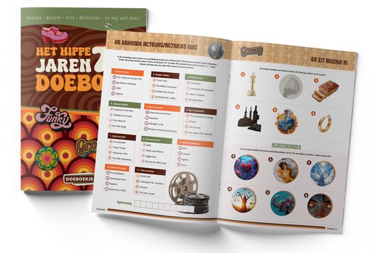 Het Hippe Jaren 70 DoeBoek met een quiz over beroemde acteurs en muziek uit de jaren 70.
