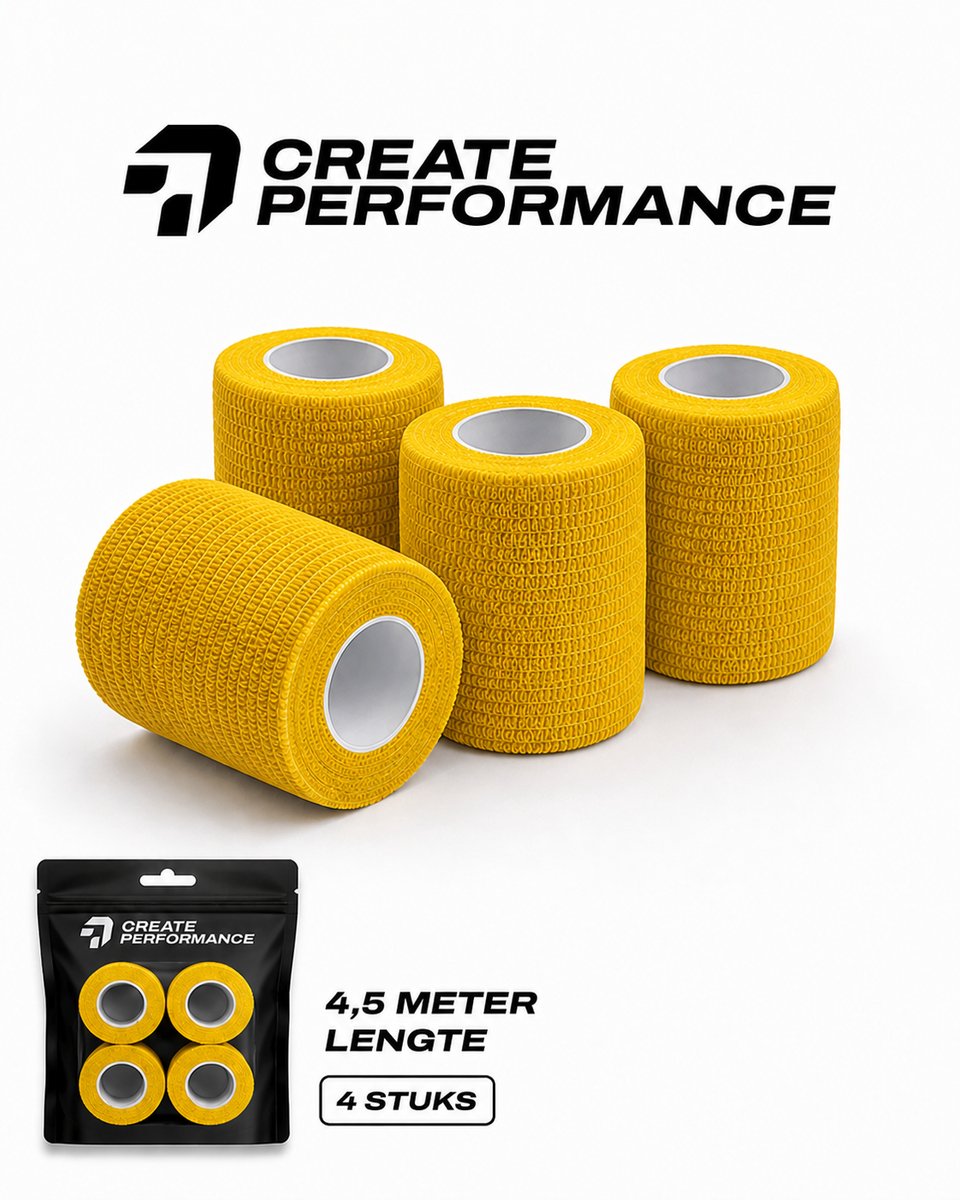 CREATE PERFORMANCE Voetbal Sokken Tape - Underwrap - Cohesive Bandage - Sokwrap - Sporttape - 4 stuks - Geel - Inclusief Tape Tasje