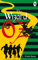 De Wizard of Oz boekcover met Dorothy, de Scarecrow, Tin Man en de Lion op de gele weg, met de Wicked Witch silhouette.
