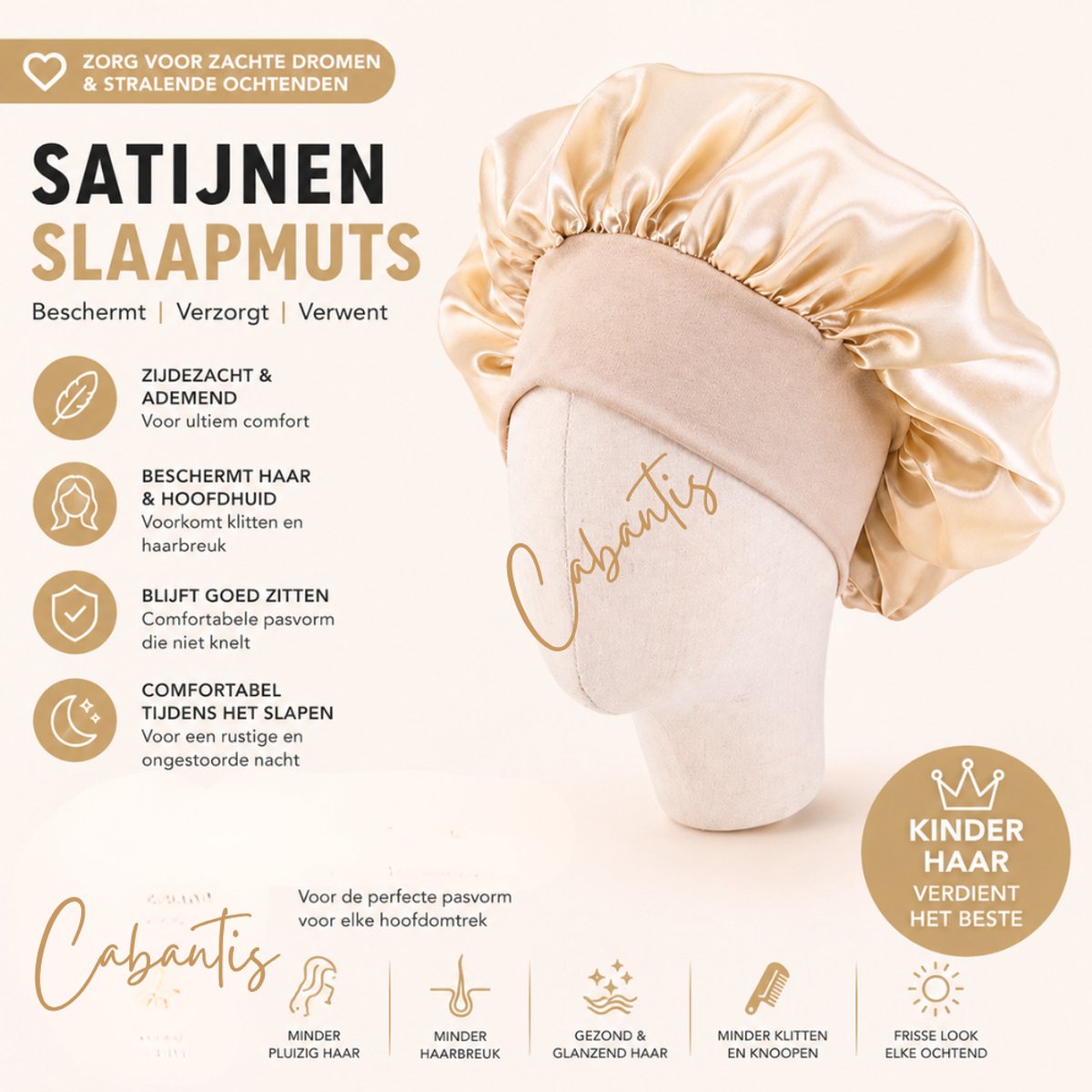 Cabantis® Kinder Slaapmuts Satijn – Anti Pluis & Klitten – Zachte Bonnet voor Krullen – Beschermt Haar tijdens Slapen – Comfortabele Pasvorm - Beige