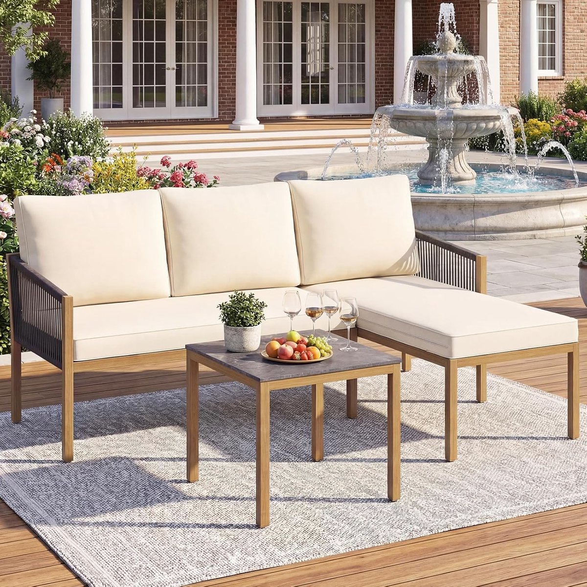 Tuinmeubelset 3-Delig 171 x 118 x 64 cm Lounge Set met Tafel & Kussens – Balkonset Weerbestendig met Geweven Touw & Metalen Frame – Terrasmeubelen Tuin Lounge Beige – Dader