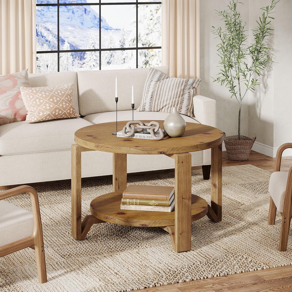 Salontafel Rond 80 x 80 x 50 cm Massief Hout met Opbergruimte – 2 Laags Design met Legplank – Walnootkleur Landelijk & Modern – Kleine Woonkamer Tafel – Dader