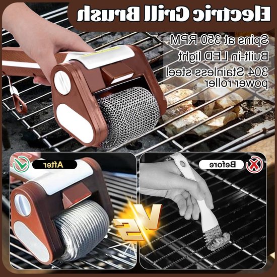 Electric Grill Cleaner Without Bristles, Rotating Grill Brush Without Bristles with LED, Stainless Steel 304 Brush Removing Burnt Food Residues, van Merkloos — afbeelding 2