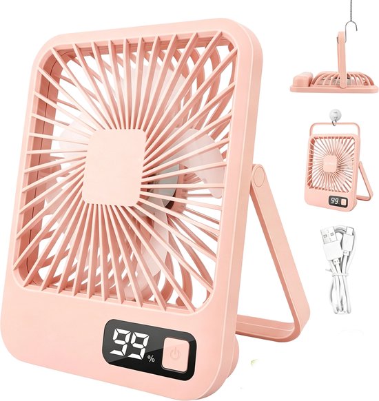 Mini tafelventilator roze 3000mAh USB oplaadbaar draadloos 5 snelheden 180° draaibaar voor thuis en kantoor