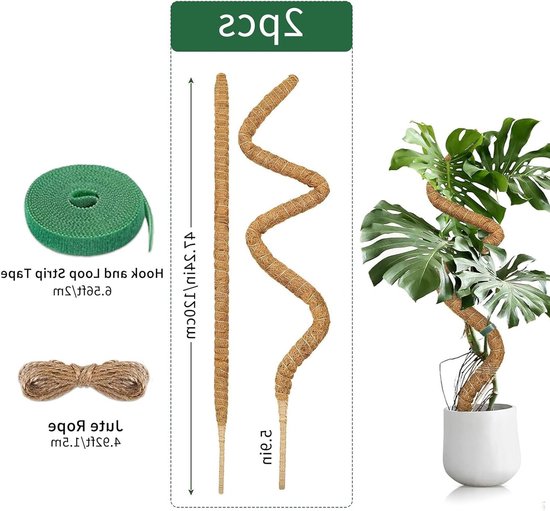 Moss Stokken voor Klimplanten, 2-Pack van 120cm Buigbare Kokos Plantsteunen voor Monstera en Andere Kamerplanten met Tuin Tape en Jute Touw — afbeelding 5