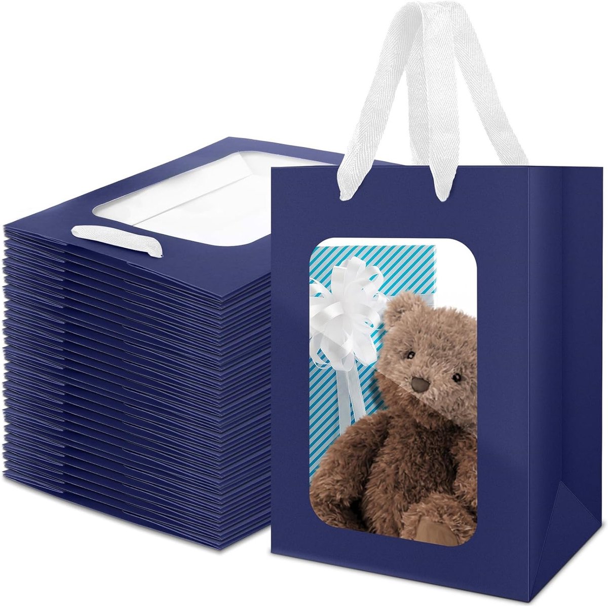 Papieren Cadeauzakken met Venster - 50 Stuks Donkerblauwe Zakjes met Handvatten - 230GSM - 20x16x30cm voor Verjaardag en Bruiloft