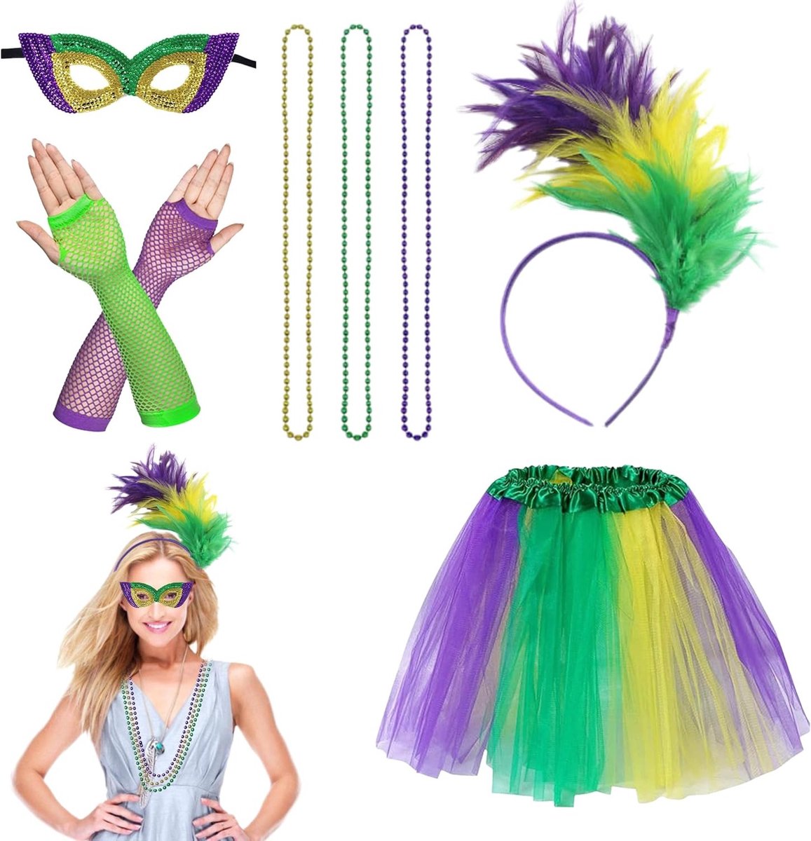 Mardi Gras Kostuum Accessoire Set met Veertjes Haarband, Tutu Rok, Masker, Net Handschoenen en Parelsnoer voor Vrouwen - Feestkleding, Carnaval, Verkleedpartij
