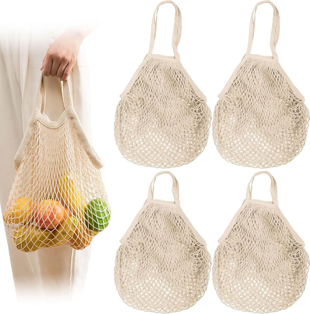 Net Winkel Tassen - Herbruikbare Draagtassen - Boodschappen Doen - Met Handvat - 36x35cm - Beige