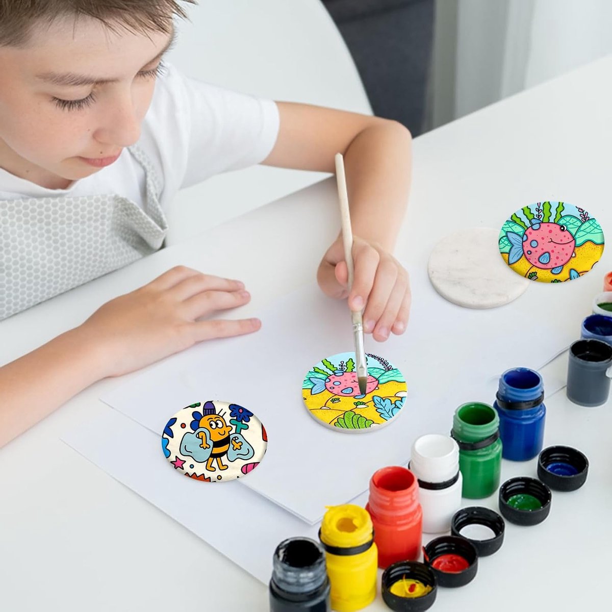 12 Stuks Platte Verfstenen voor Schilderen, Wit, Rond, Diameter 6.3 cm - Creatief Hobbymateriaal voor Kinderen en Volwassenen — cadeau in Hobby - foto 3