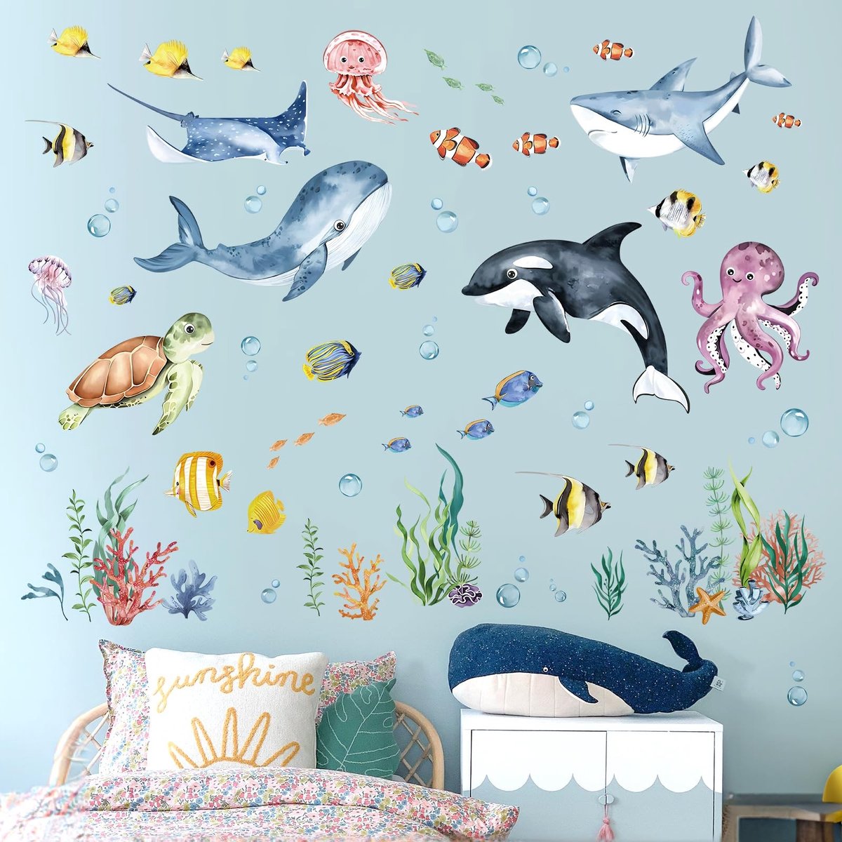 Allecto - Under the Sea Wanddecoratie - Watercolor Fish - Perfect voor kinderkamer - Multicolor - Zeedieren - Plakstickers voor muren - Geschikt vo..