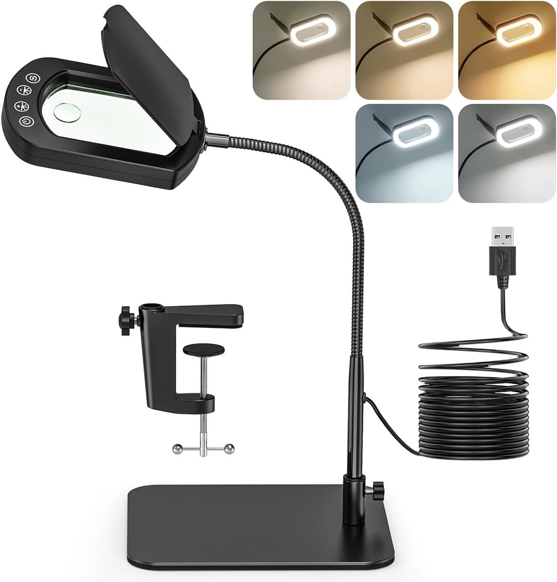 Verstelbare Loep met Verlichting en Standaard, 15x Vergrootglas met Stofbescherming, 5 Kleurmodi en Dimbaar voor Hobby en Precisiewerk
