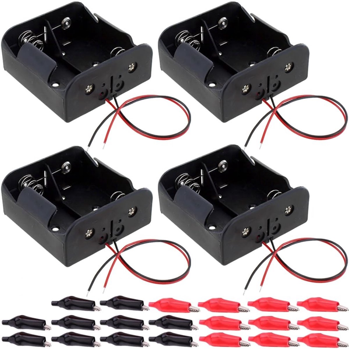 Allecto - Batterijhouder - Krokodillenclips - 4 Stuks - 3V - 70x70 mm - Geschikt voor diverse toepassingen - Handig voor hobbyprojecten - Compact