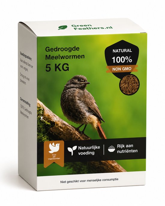 Doos gedroogde meelwormen van 5 kg, met een vogel op de verpakking. Natuurlijk, 100% non-GMO.