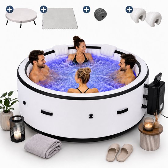 Opblaasbare jacuzzi met 4 personen, blauwe LED-verlichting, inclusief accessoires en decoratie.