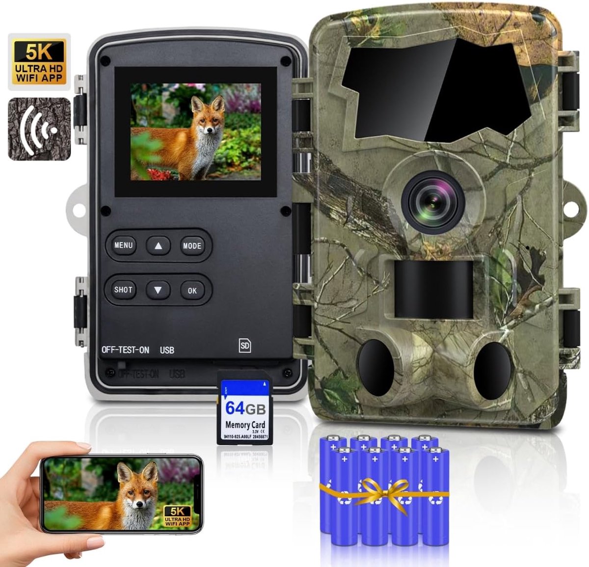 Wildcamera - Natuurcamera Trailcam - Dieren Observeren - 5K WiFi App Connectie - 64MP 64GB - Camouflage