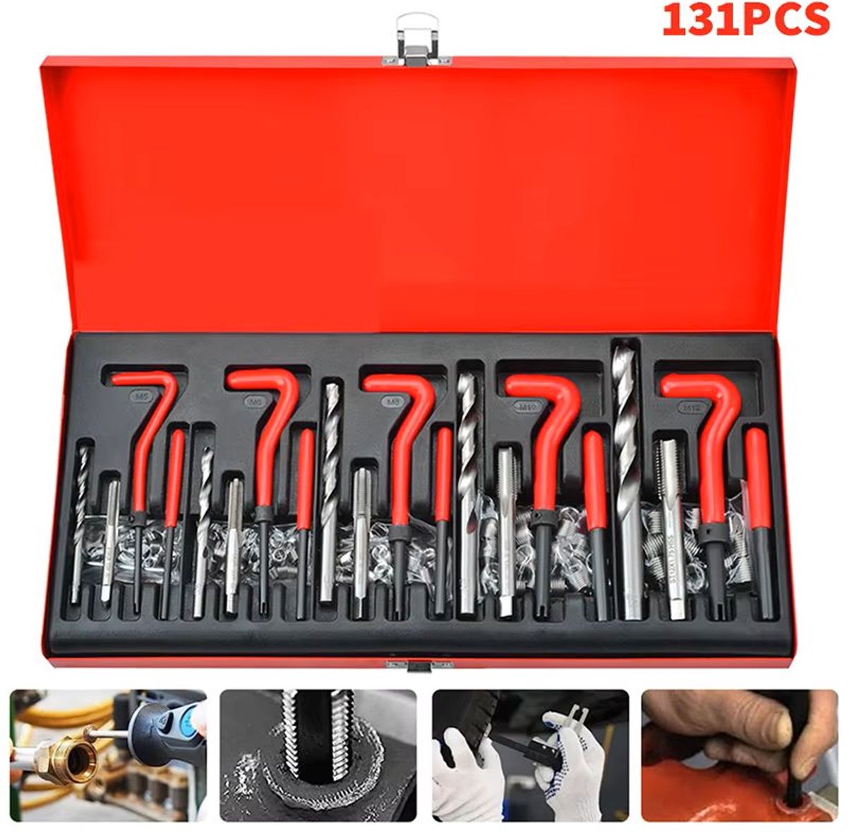 Venzor - 131‑delige Draadreparatie Set – M5/M6/M8/M10/M12 – Helicoil Reparatiekit met Tappen, Boren & Inzetstukken – Gelegeerd Staal – Inclusief Opbergkoffer